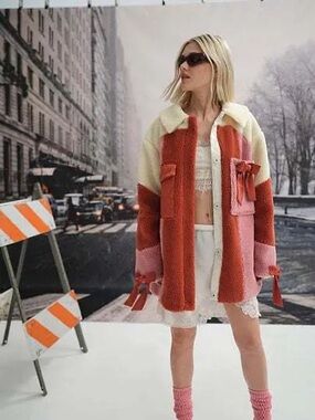 For Love & Lemons Teddy Jacket in Red, Pink & Cream with Bows